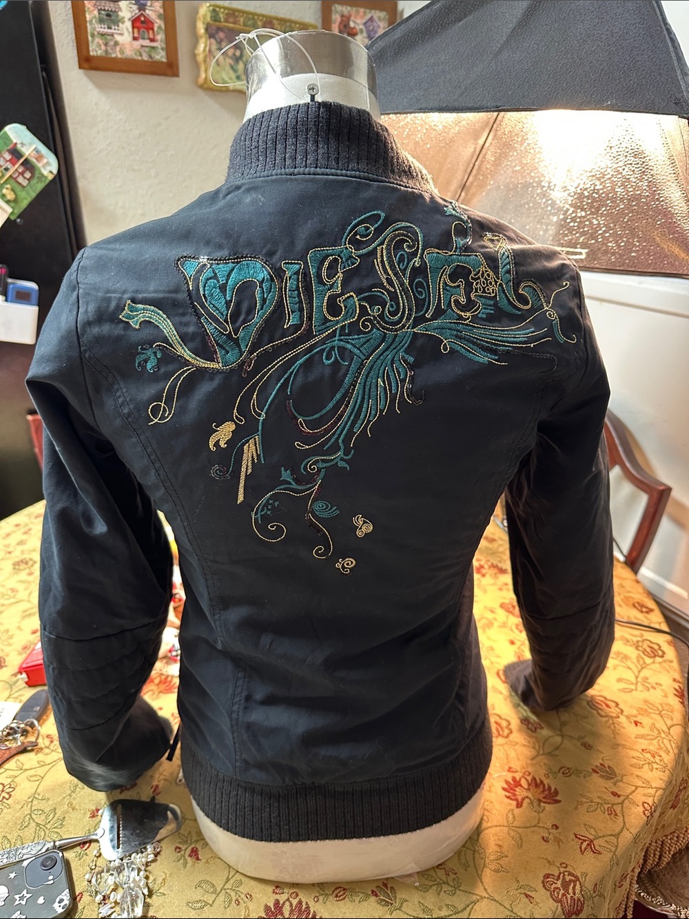 Diesel Black Bomber Jacket with Teal & Gold Embroidery - Picture 5 of 14